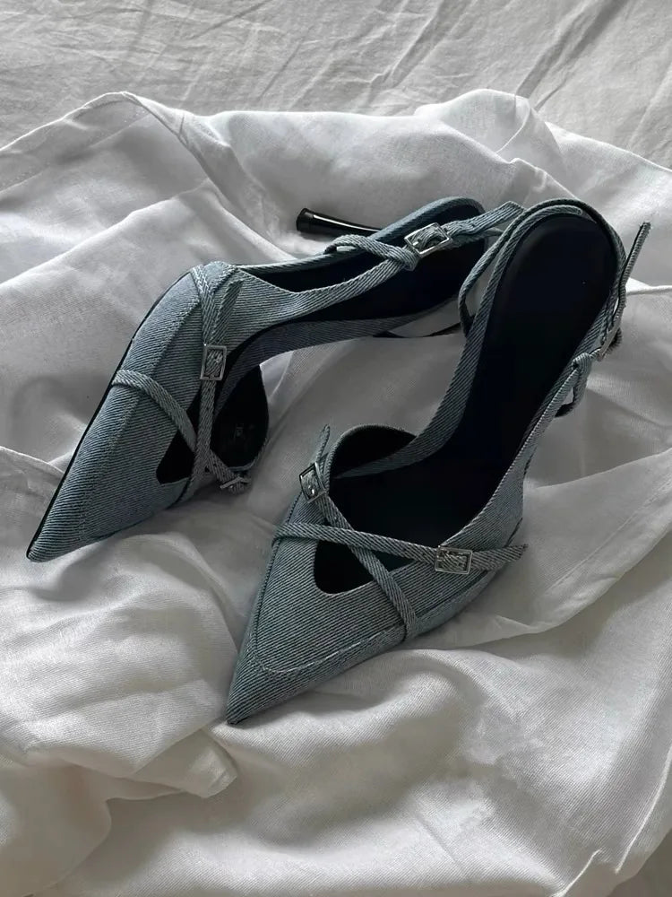 DENIM SLINGBACK HEELS
