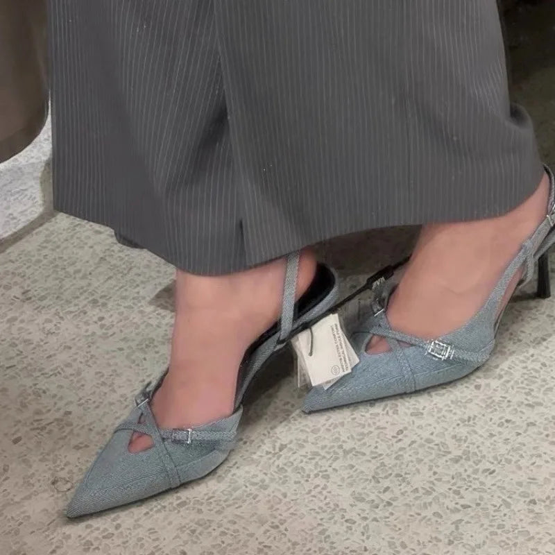 DENIM SLINGBACK HEELS
