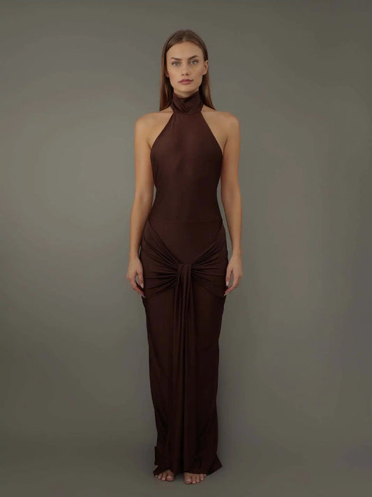 BACKLESS HALTER-NECK MAXI DRESS